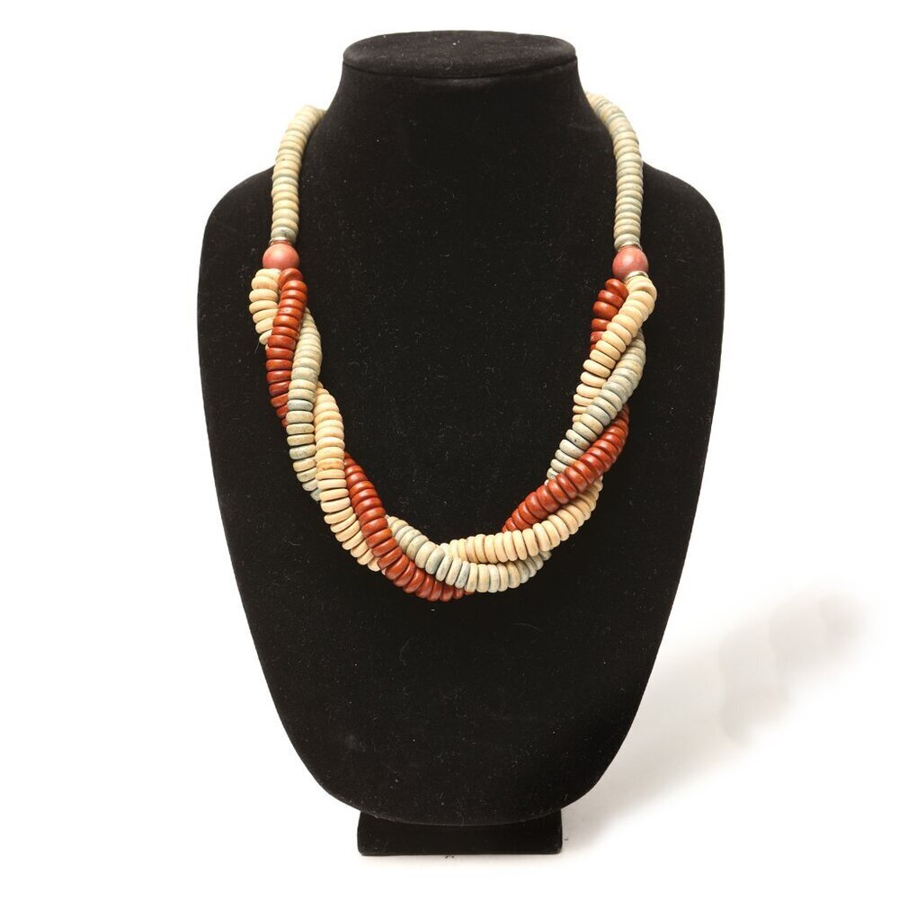 Vintage Twisted Wooden Bead Necklace 3 Strand Retro Wood Boho Brown Cream Blue